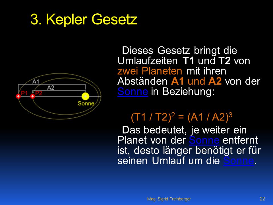 3. Kepler Gesetz Dieses Gesetz bringt die Umlaufzeiten T1 und T2 von zwei Planeten mit ihren Abständen A1 und A2 von der Sonne in Beziehung: