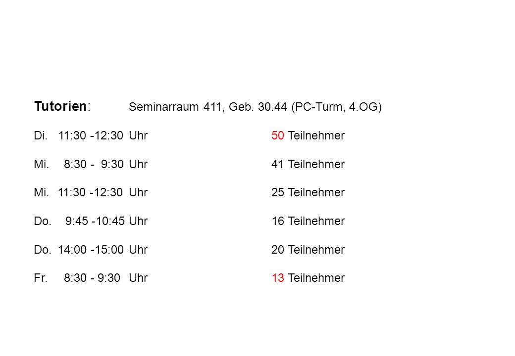 Tutorien: Seminarraum 411, Geb (PC-Turm, 4.OG)