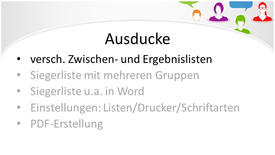 Ausducke versch. Zwischen- und Ergebnislisten