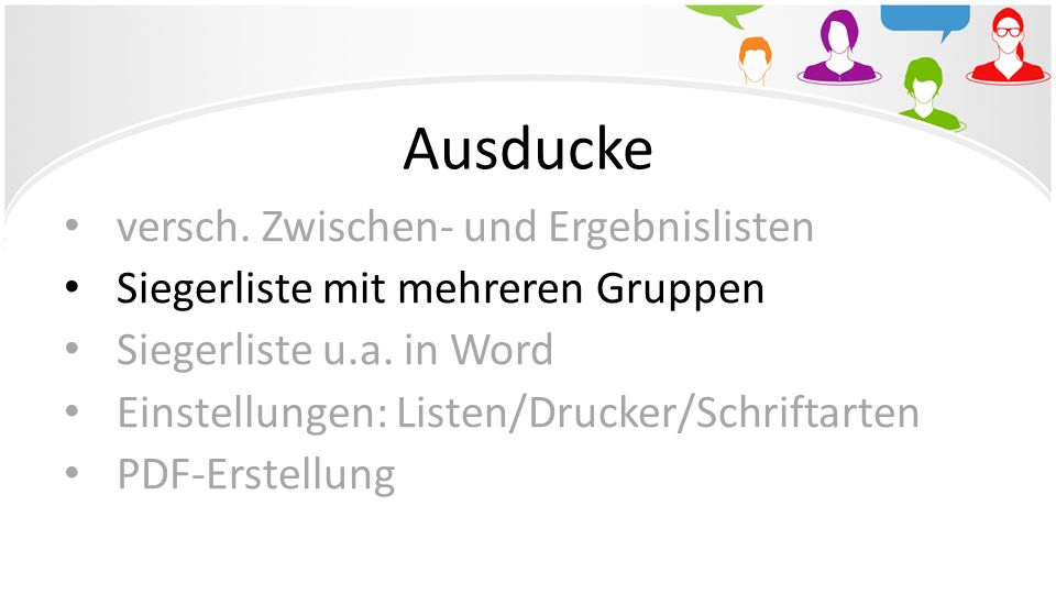 Ausducke versch. Zwischen- und Ergebnislisten
