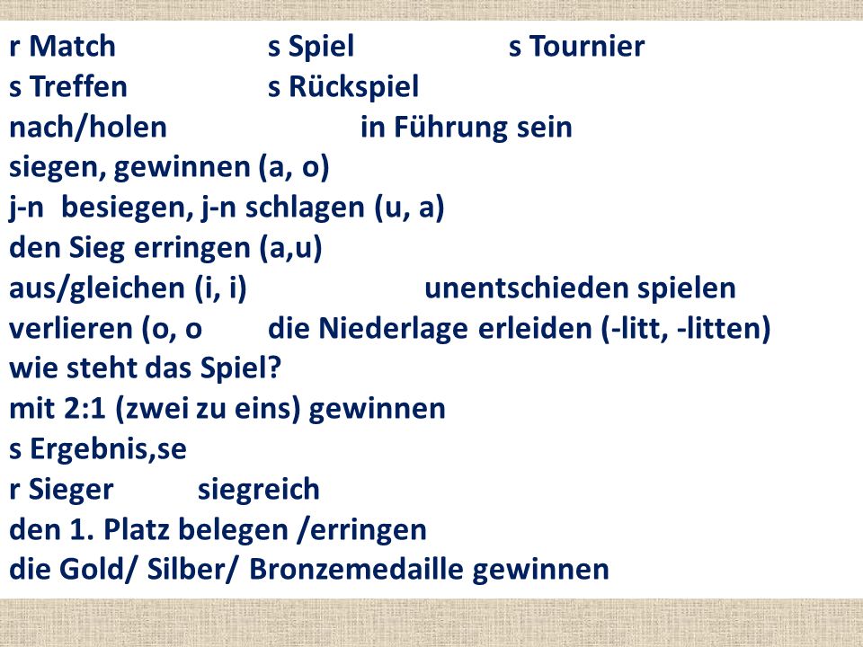r Match s Spiel s Tournier s Treffen s Rückspiel