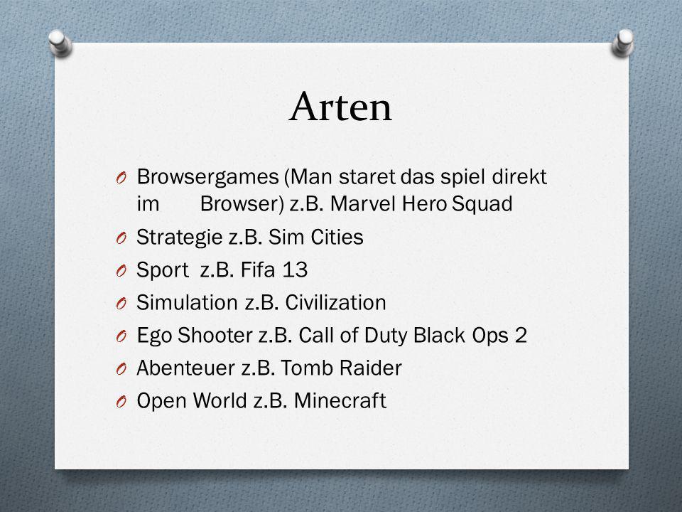 Arten Browsergames (Man staret das spiel direkt im Browser) z.B. Marvel Hero Squad. Strategie z.B. Sim Cities.