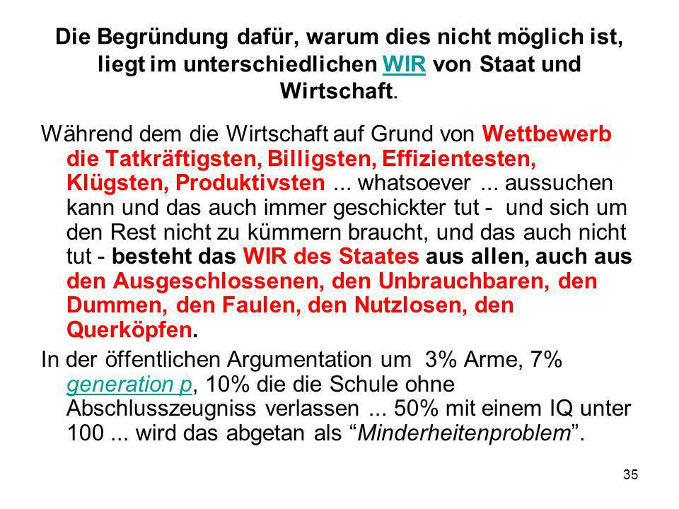 Die Begründung dafür, warum dies nicht möglich ist, liegt im unterschiedlichen WIR von Staat und Wirtschaft.