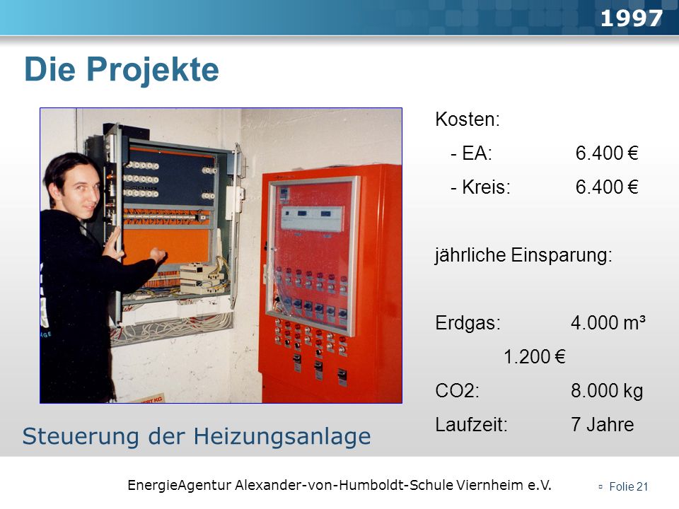 Die Projekte 1997 Steuerung der Heizungsanlage Kosten: - EA: €