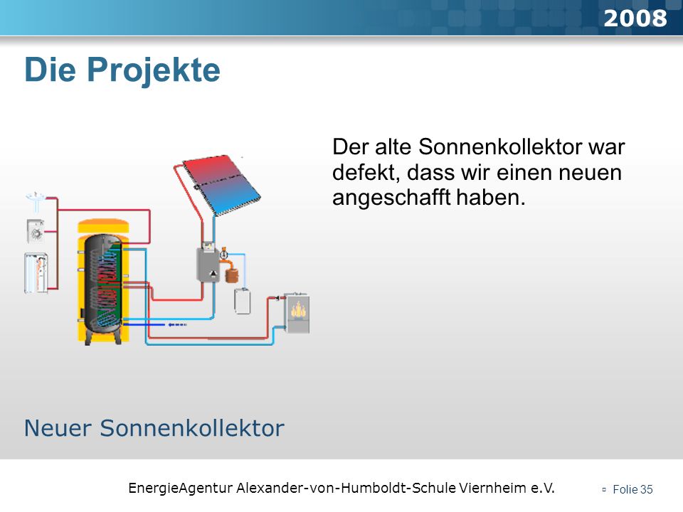 2008 Die Projekte. Der alte Sonnenkollektor war defekt, dass wir einen neuen angeschafft haben. Neuer Sonnenkollektor.