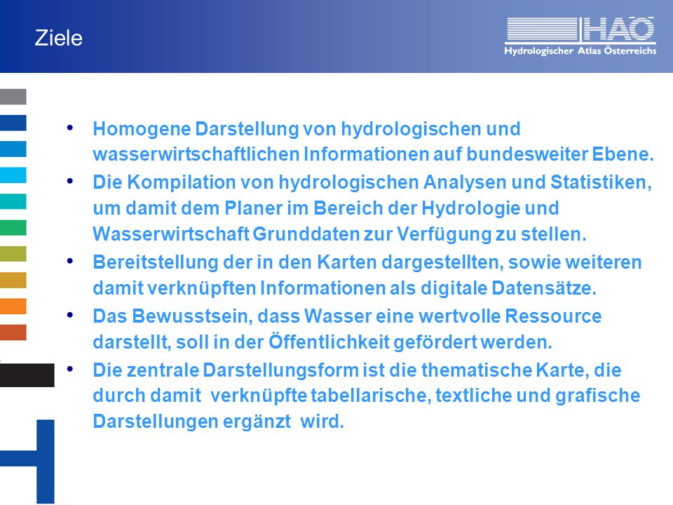 Ziele Homogene Darstellung von hydrologischen und wasserwirtschaftlichen Informationen auf bundesweiter Ebene.