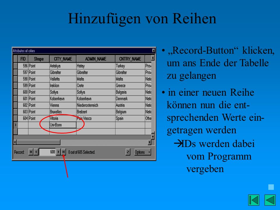 Hinzufügen von Reihen „Record-Button klicken, um ans Ende der Tabelle