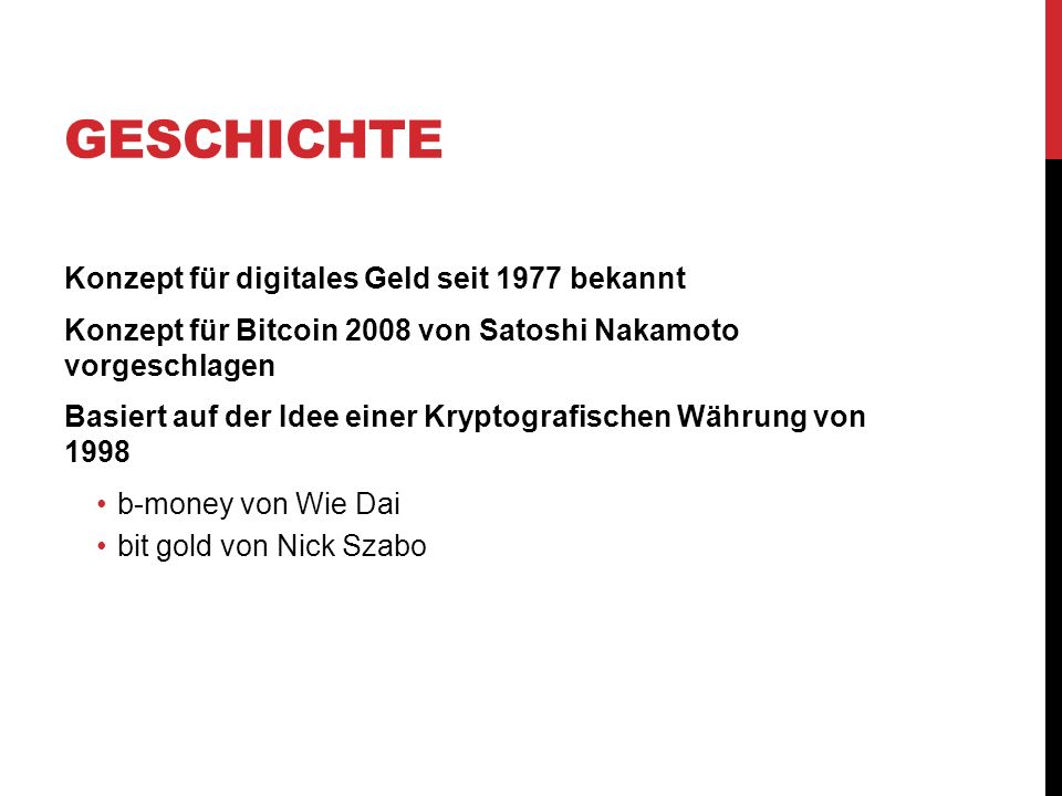 Geschichte Konzept für digitales Geld seit 1977 bekannt