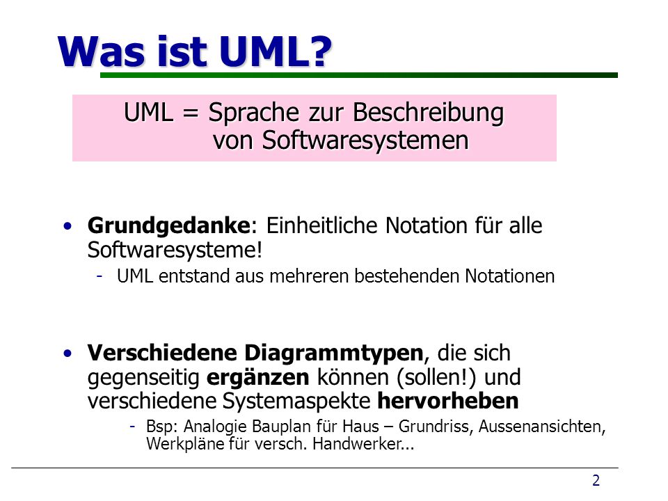 Was ist UML UML = Sprache zur Beschreibung von Softwaresystemen