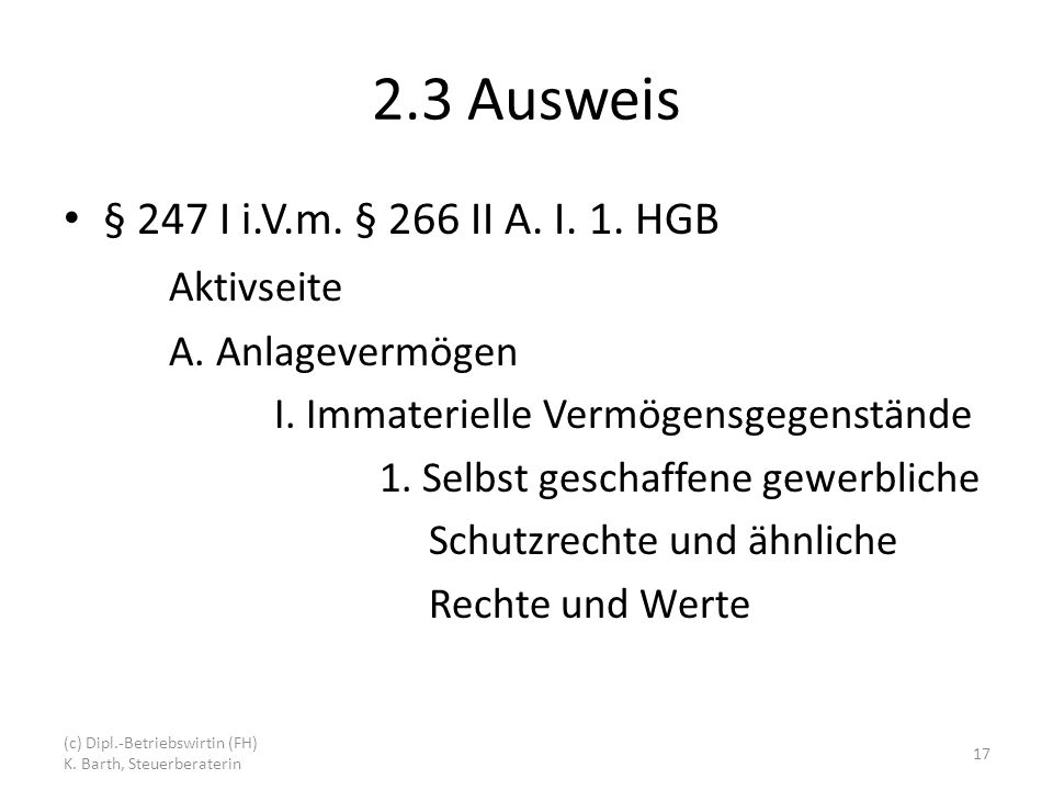 2.3 Ausweis § 247 I i.V.m. § 266 II A. I. 1. HGB Aktivseite