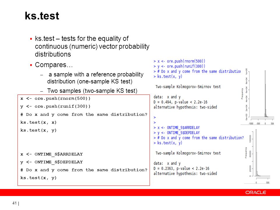 ks.test ks.test – tests for the equality of continuous (numeric) vector probability distributions.