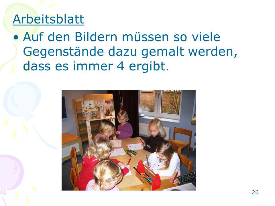 Arbeitsblatt Auf den Bildern müssen so viele Gegenstände dazu gemalt werden, dass es immer 4 ergibt.