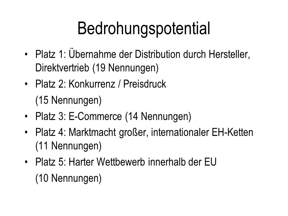 Bedrohungspotential Platz 1: Übernahme der Distribution durch Hersteller, Direktvertrieb (19 Nennungen)