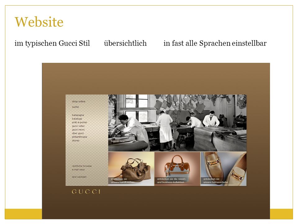 Website im typischen Gucci Stil übersichtlich in fast alle Sprachen einstellbar