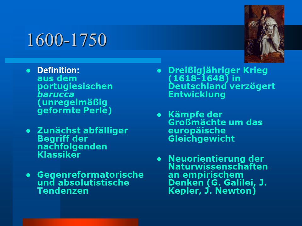 Definition: aus dem portugiesischen barucca (unregelmäßig geformte Perle) Zunächst abfälliger Begriff der nachfolgenden Klassiker.