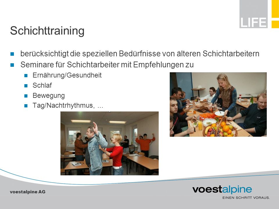 Schichttraining berücksichtigt die speziellen Bedürfnisse von älteren Schichtarbeitern. Seminare für Schichtarbeiter mit Empfehlungen zu.