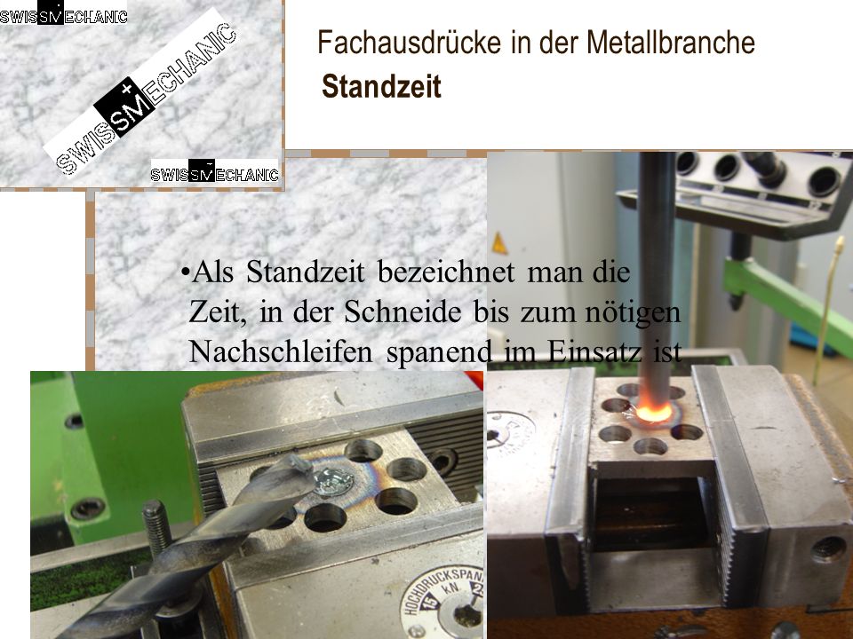 Standzeit Als Standzeit bezeichnet man die Zeit, in der Schneide bis zum nötigen Nachschleifen spanend im Einsatz ist.