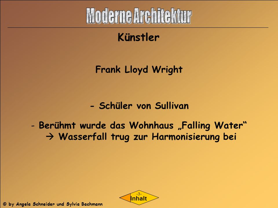 Moderne Architektur Künstler Frank Lloyd Wright - Schüler von Sullivan