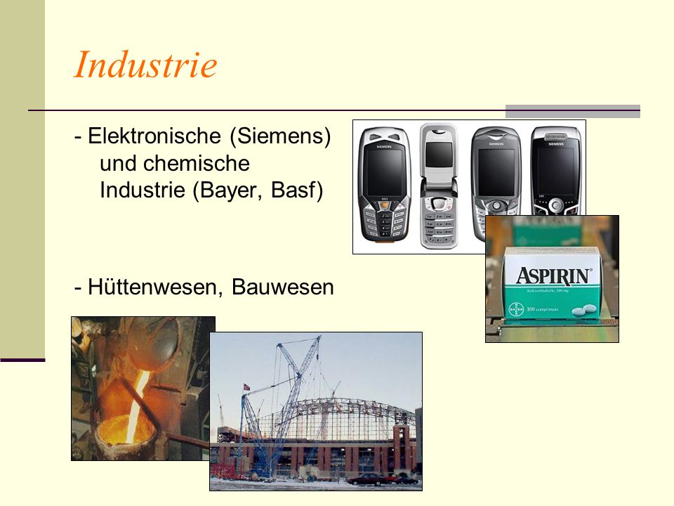 Industrie - Elektronische (Siemens) und chemische Industrie (Bayer, Basf) - Hüttenwesen, Bauwesen