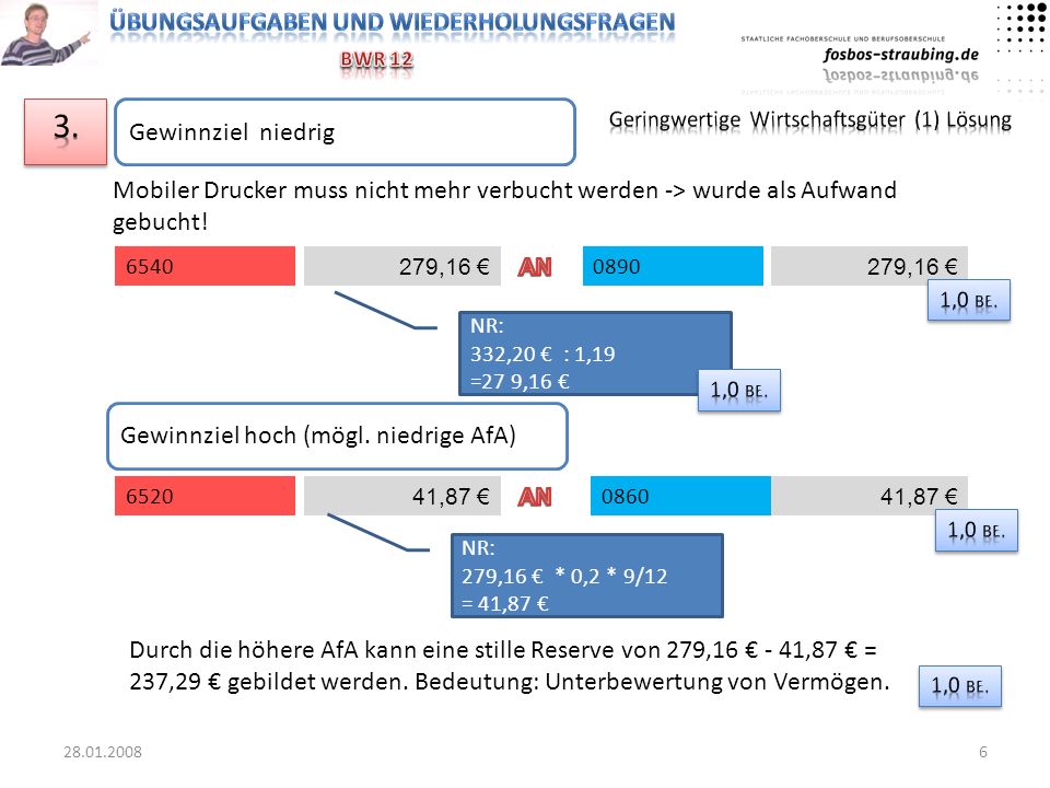 3. Gewinnziel niedrig. Geringwertige Wirtschaftsgüter (1) Lösung. Mobiler Drucker muss nicht mehr verbucht werden -> wurde als Aufwand gebucht!