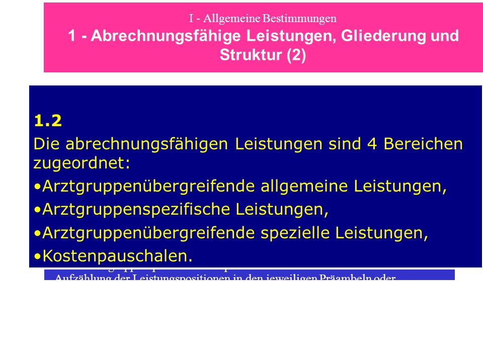 Die abrechnungsfähigen Leistungen sind 4 Bereichen zugeordnet: