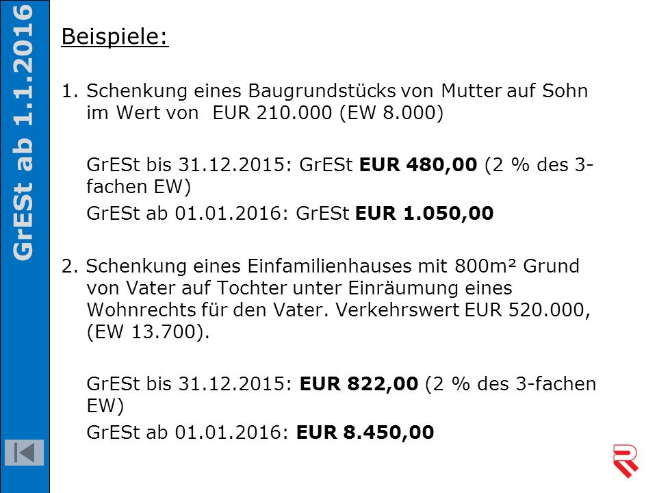 GrESt ab Beispiele: 1. Schenkung eines Baugrundstücks von Mutter auf Sohn im Wert von EUR (EW 8.000)