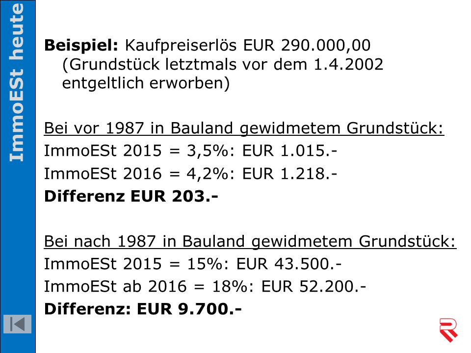 ImmoESt heute Beispiel: Kaufpreiserlös EUR ,00 (Grundstück letztmals vor dem entgeltlich erworben)