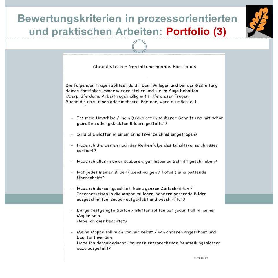 Bewertungskriterien in prozessorientierten und praktischen Arbeiten: Portfolio (3)