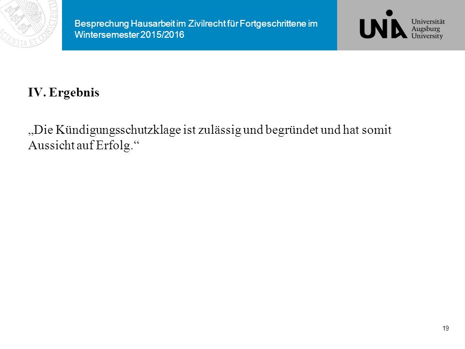 Besprechung Hausarbeit im Zivilrecht für Fortgeschrittene im Wintersemester 2015/2016