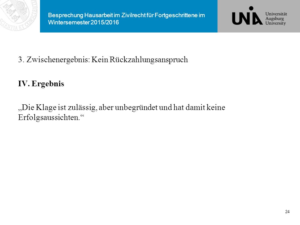 Besprechung Hausarbeit im Zivilrecht für Fortgeschrittene im Wintersemester 2015/2016