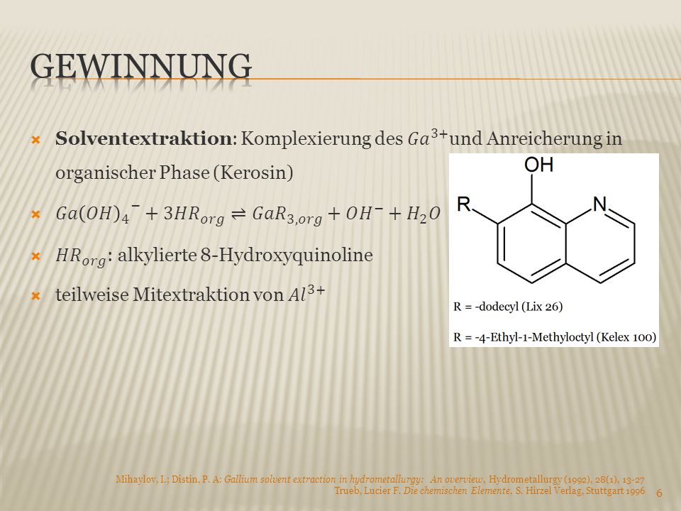 Gewinnung Solventextraktion: Komplexierung des 𝐺𝑎 3+ und Anreicherung in organischer Phase (Kerosin)