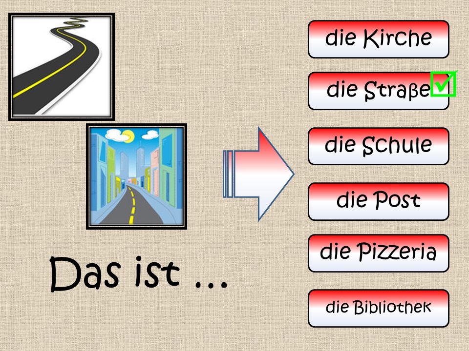 Das ist …  die Kirche die Straβe die Schule die Post die Pizzeria