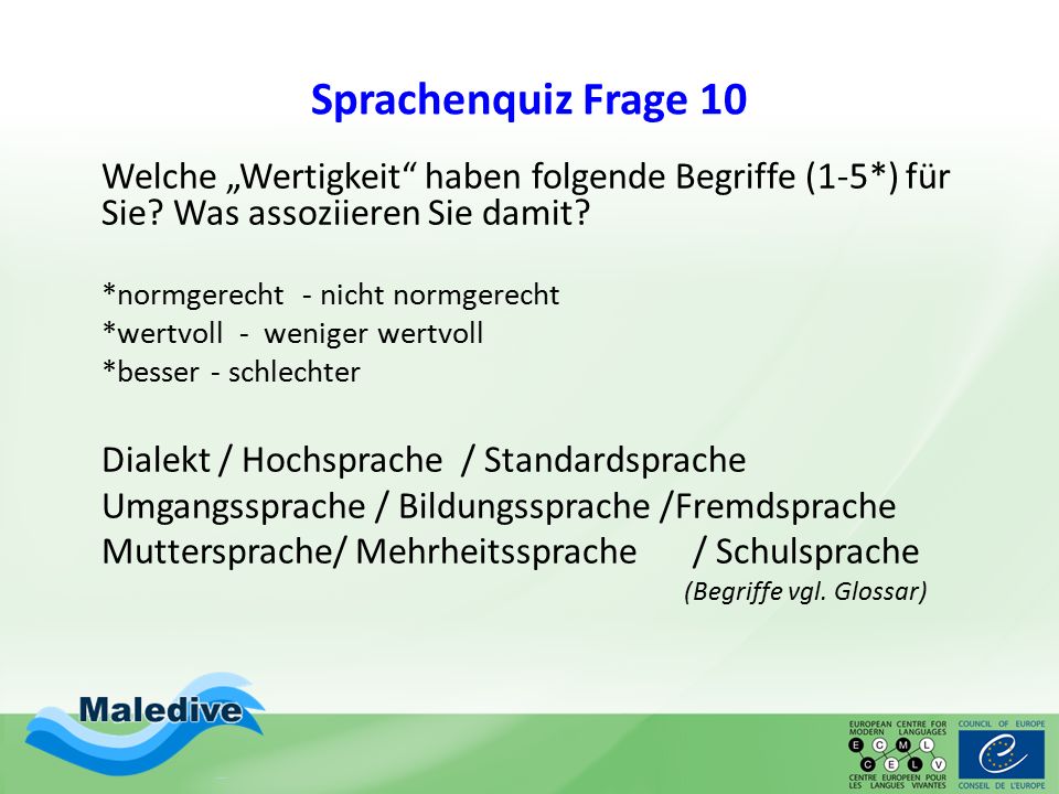 Sprachenquiz Frage 10 Welche „Wertigkeit haben folgende Begriffe (1-5*) für Sie Was assoziieren Sie damit
