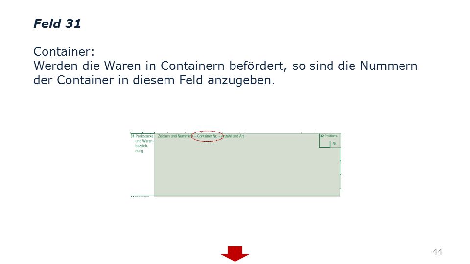 Feld 31 Container: Werden die Waren in Containern befördert, so sind die Nummern der Container in diesem Feld anzugeben.