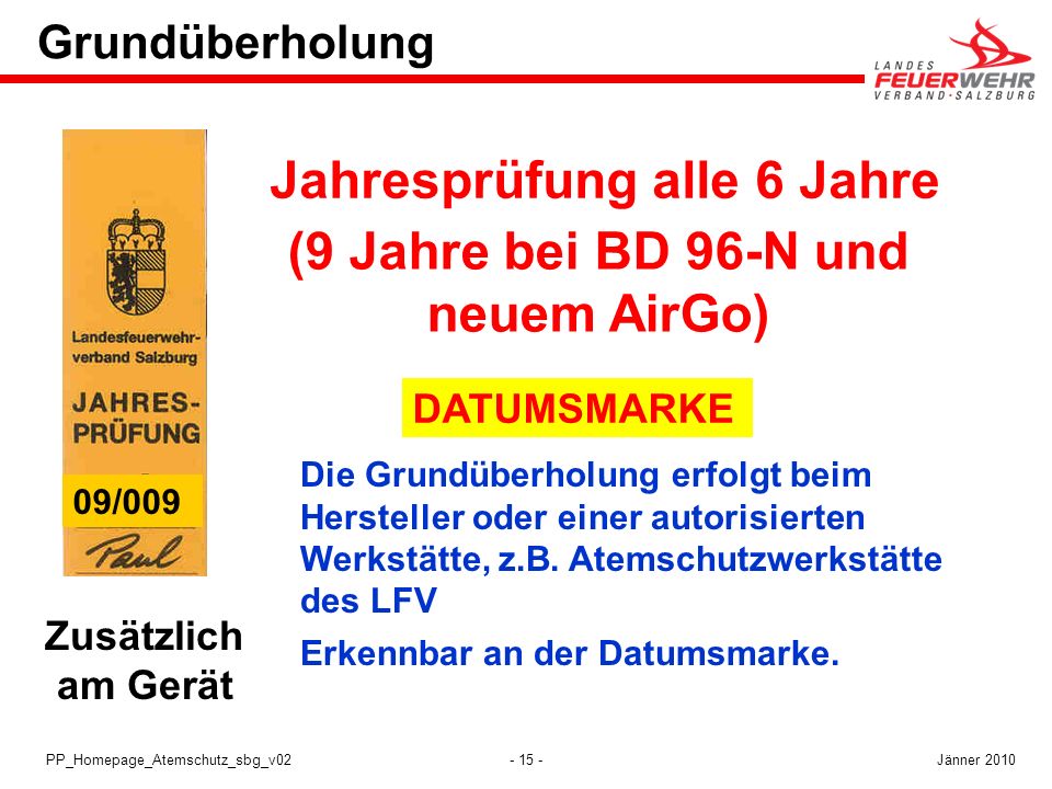 Jahresprüfung alle 6 Jahre (9 Jahre bei BD 96-N und neuem AirGo)