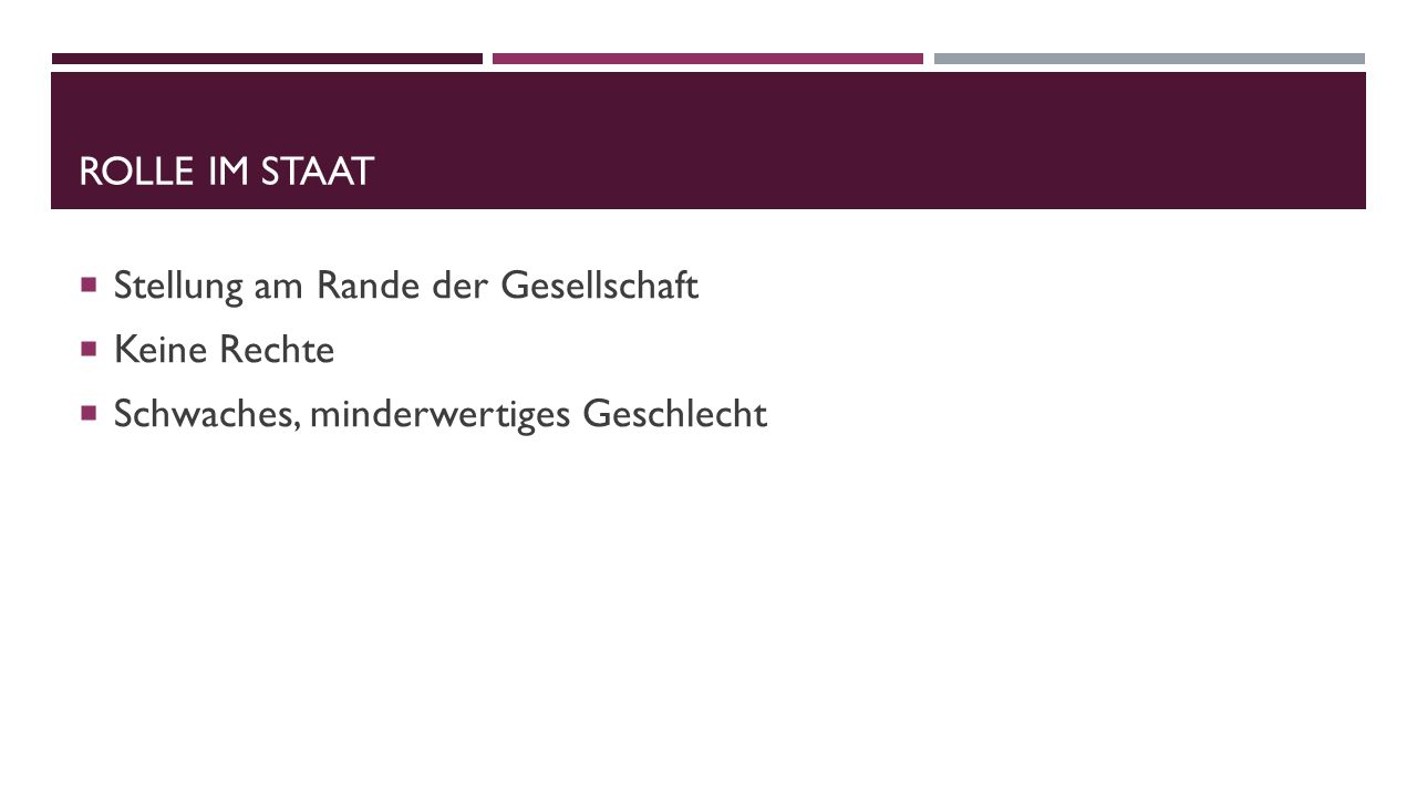 Rolle im staat Stellung am Rande der Gesellschaft Keine Rechte Schwaches, minderwertiges Geschlecht