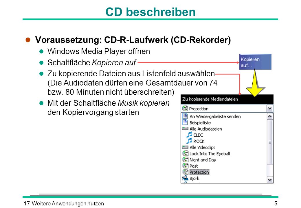 CD beschreiben Voraussetzung: CD-R-Laufwerk (CD-Rekorder)