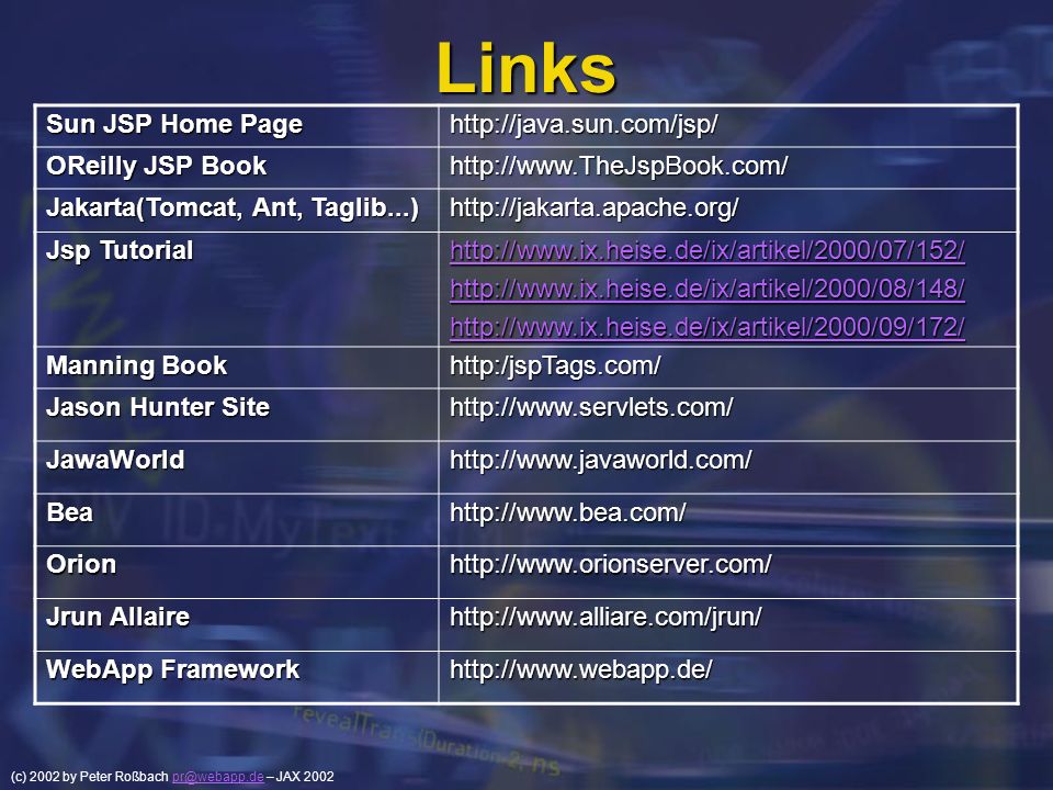 Links Sun JSP Home Page   OReilly JSP Book