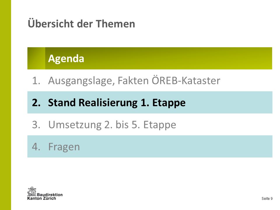 Übersicht der Themen Agenda. 1. Ausgangslage, Fakten ÖREB-Kataster. 2. Stand Realisierung 1. Etappe.