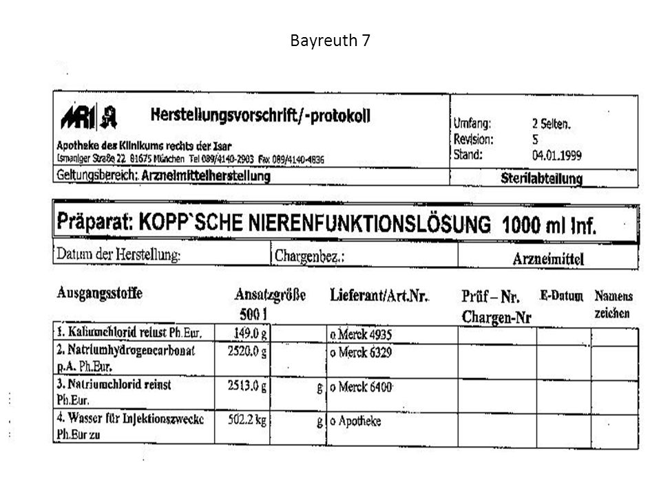 Bayreuth 7 Bei stationären Patienten, die aus irgend einem Grund keine Tabletten einnehmen konnten, wurde diese Lösung intravenös infundiert.