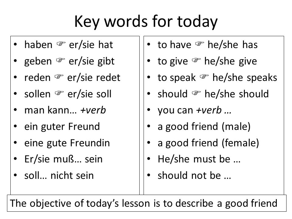 Key words for today haben  er/sie hat geben  er/sie gibt