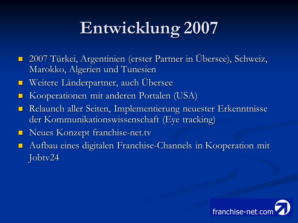 Entwicklung Türkei, Argentinien (erster Partner in Übersee), Schweiz, Marokko, Algerien und Tunesien.