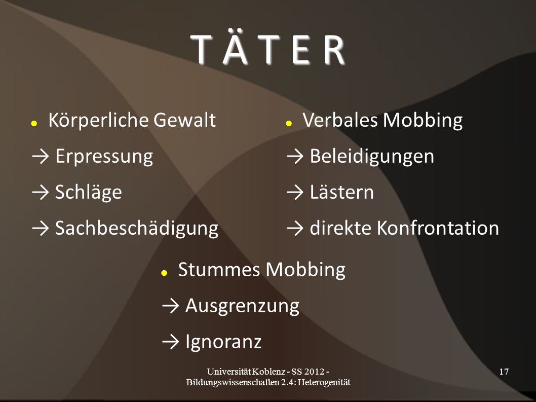 T Ä T E R Körperliche Gewalt → Erpressung → Schläge → Sachbeschädigung
