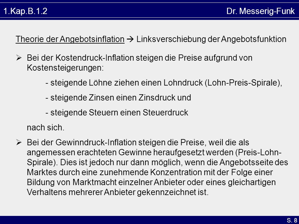 1.Kap.B.1.2 Dr. Messerig-Funk Theorie der Angebotsinflation  Linksverschiebung der Angebotsfunktion.