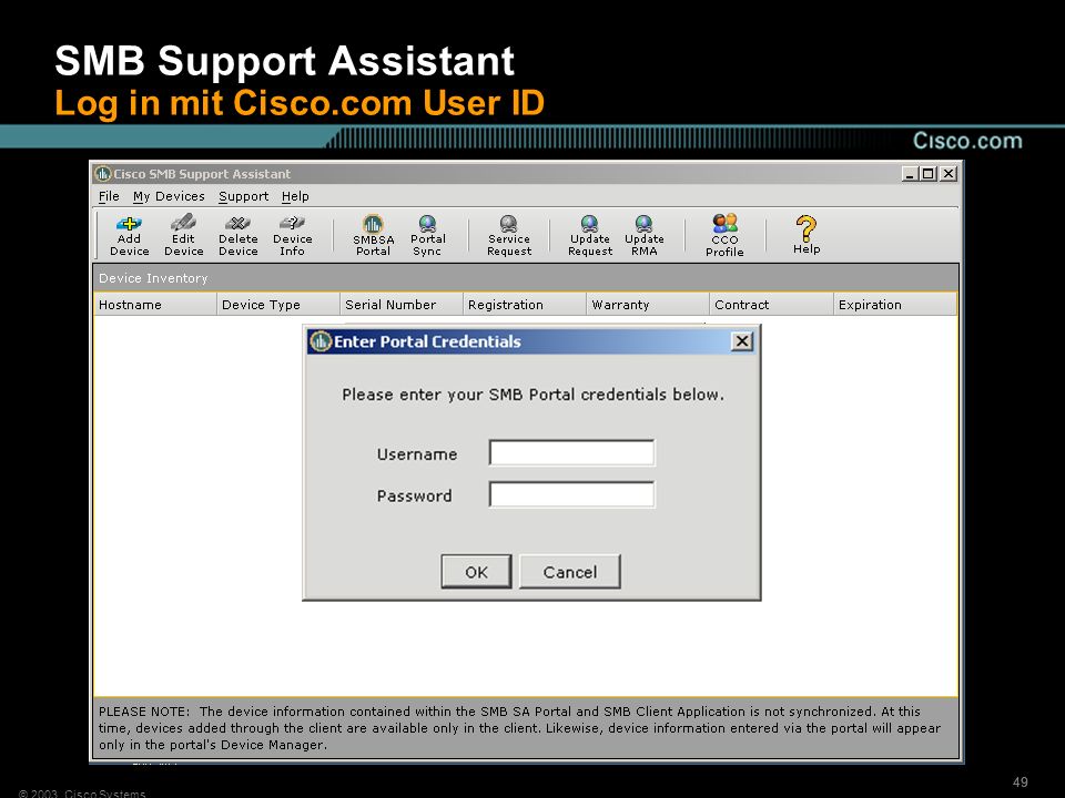 SMB Support Assistant Log in mit Cisco.com User ID