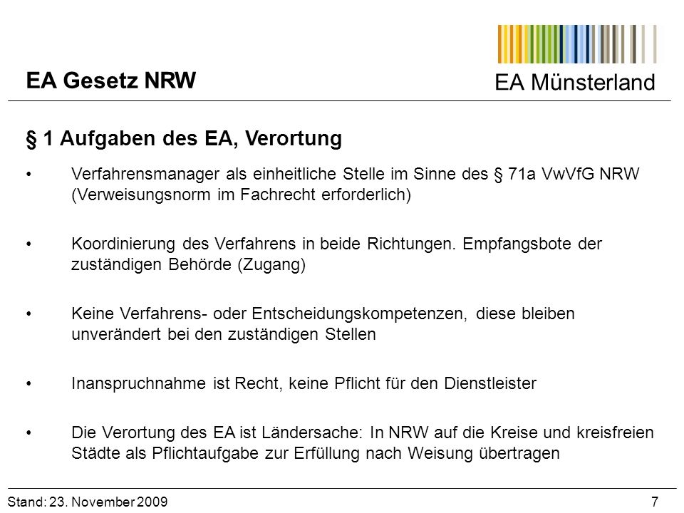 EA Gesetz NRW EA Münsterland § 1 Aufgaben des EA, Verortung