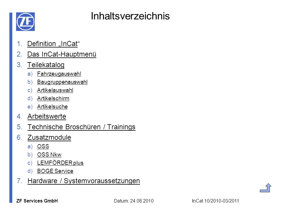 Inhaltsverzeichnis Definition „InCat Das InCat-Hauptmenü Teilekatalog