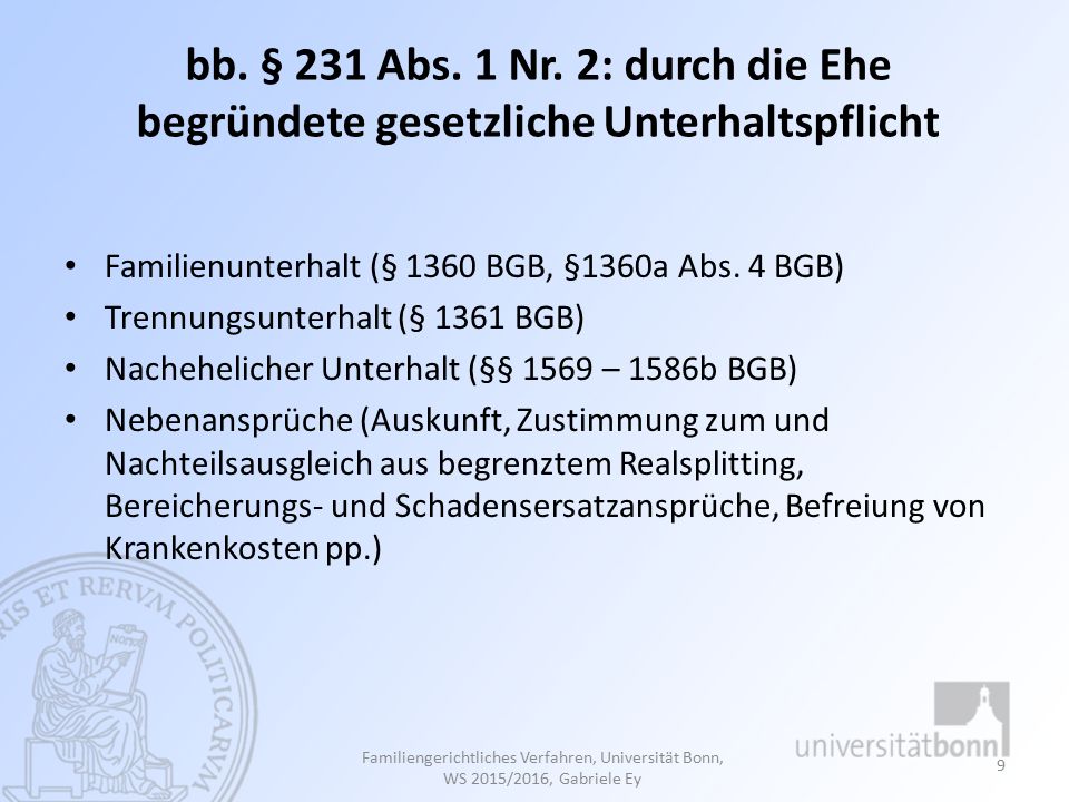 bb. § 231 Abs. 1 Nr. 2: durch die Ehe begründete gesetzliche Unterhaltspflicht