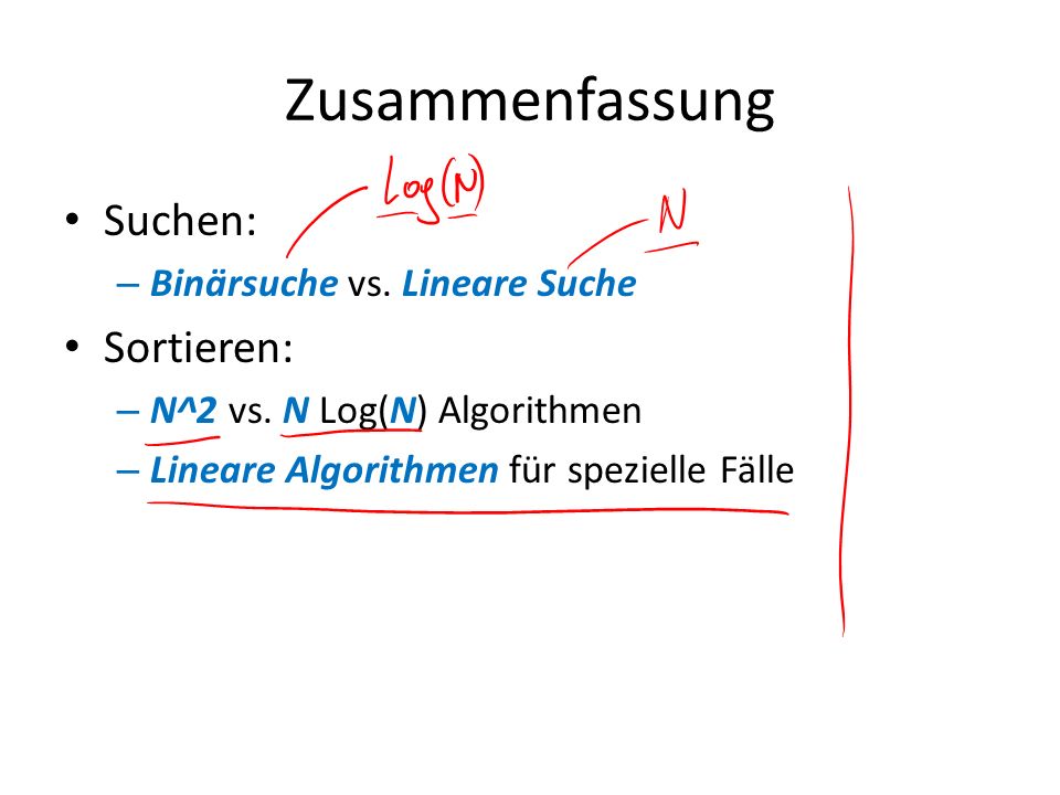 Zusammenfassung Suchen: Sortieren: Binärsuche vs. Lineare Suche