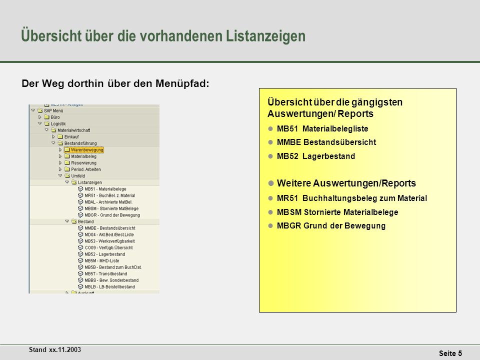 Übersicht über die vorhandenen Listanzeigen